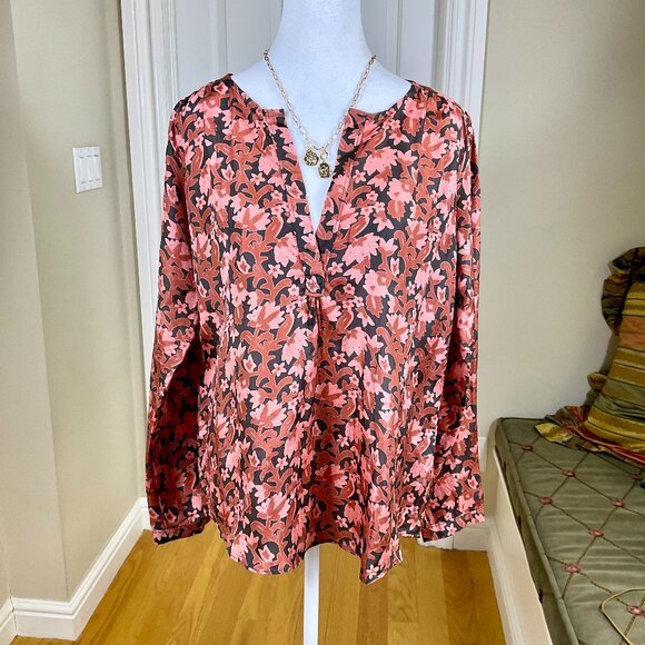 Calypso St. Barth Blouse Silk Long Sleeve Split Neck Floral Warm Colors (S) - Picture 1 of 7